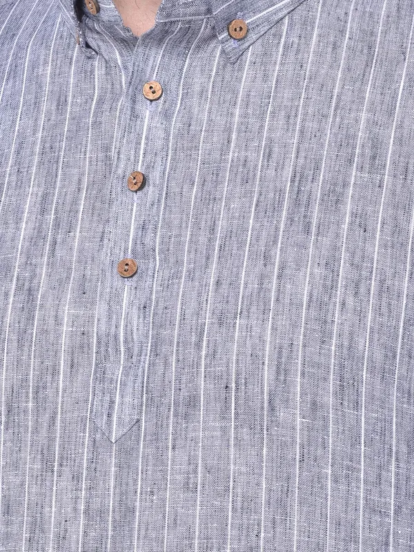 Grey_Cotton_Linen_Full_Sleeves_Regular_Stripe_Short_Kurta_For_Men