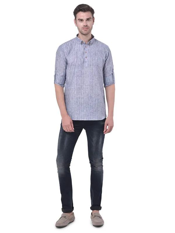 Grey_Cotton_Linen_Full_Sleeves_Regular_Stripe_Short_Kurta_For_Men