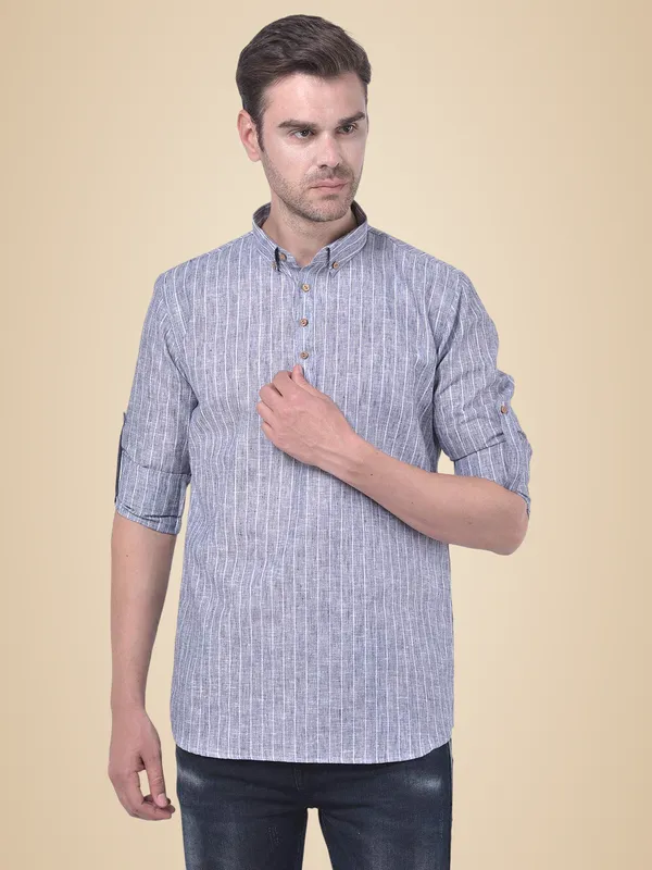 Grey_Cotton_Linen_Full_Sleeves_Regular_Stripe_Short_Kurta_For_Men