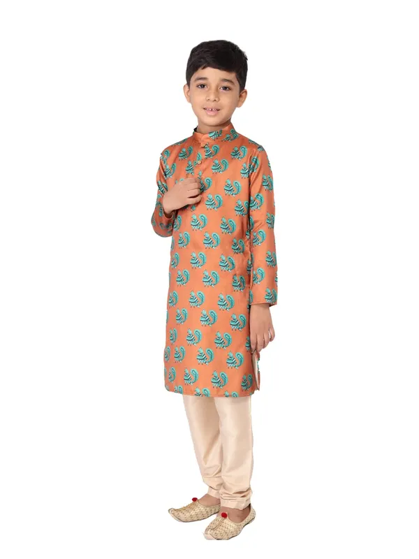 Orange_Cotton_Full_Sleeve_Regular_Fit_Printed_Kurta_Churidar_For_Kids