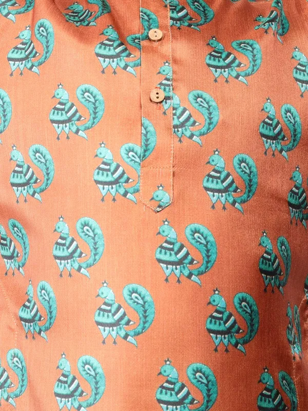 Orange_Cotton_Full_Sleeve_Regular_Fit_Printed_Kurta_Churidar_For_Kids