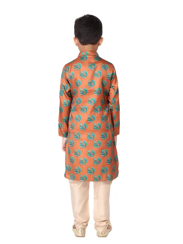 Orange_Cotton_Full_Sleeve_Regular_Fit_Printed_Kurta_Churidar_For_Kids