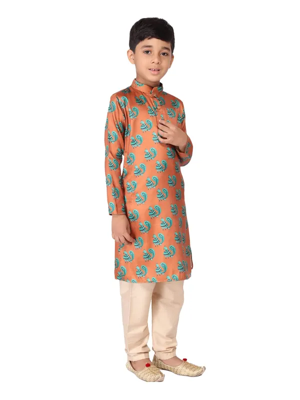 Orange_Cotton_Full_Sleeve_Regular_Fit_Printed_Kurta_Churidar_For_Kids