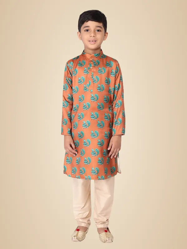 Orange_Cotton_Full_Sleeve_Regular_Fit_Printed_Kurta_Churidar_For_Kids