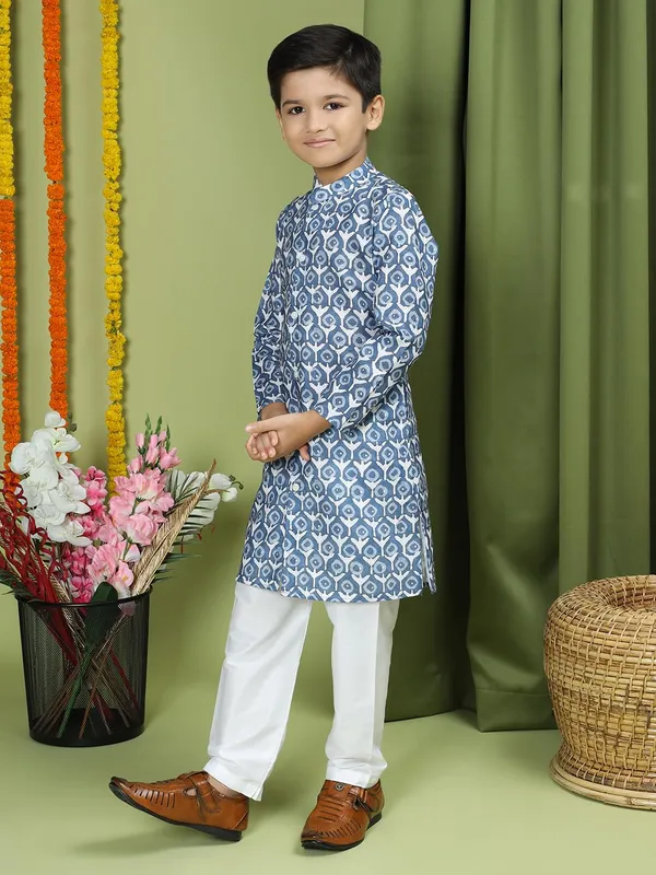 Blue_Cotton_Full_Sleeve_Regular_Fit_Printed_Blue_Kurta_Churidar_Set_For_Boy