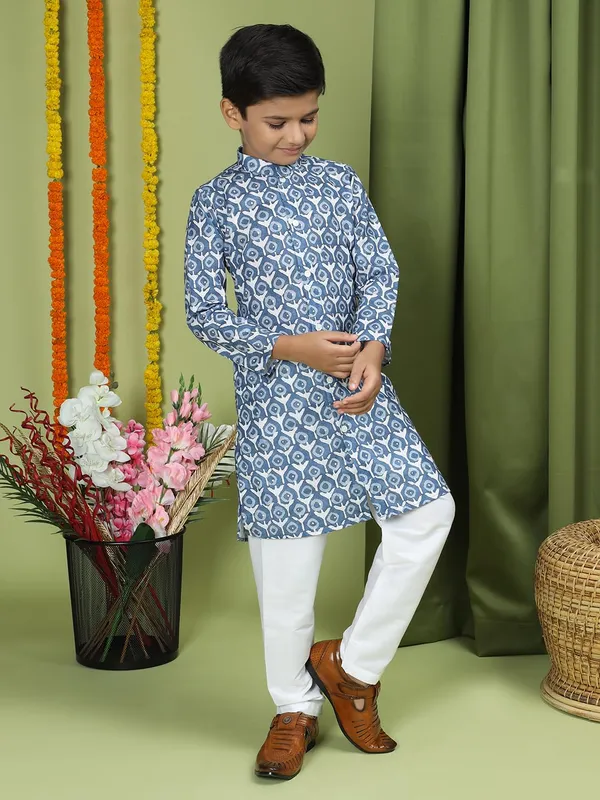 Blue_Cotton_Full_Sleeve_Regular_Fit_Printed_Blue_Kurta_Churidar_Set_For_Boy