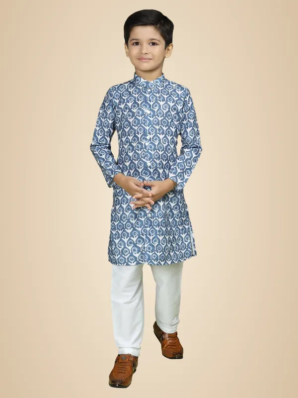 Blue_Cotton_Full_Sleeve_Regular_Fit_Printed_Blue_Kurta_Churidar_Set_For_Boy