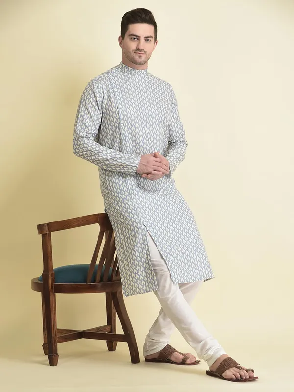Grey_Cotton_Blue_Full_Sleeve_Regular_Fit_Printed_Kurta_Set_For_Men