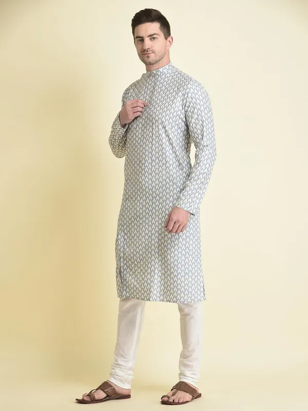Grey_Cotton_Blue_Full_Sleeve_Regular_Fit_Printed_Kurta_Set_For_Men