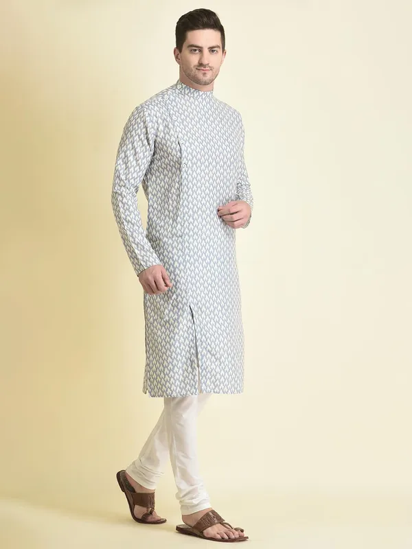 Grey_Cotton_Blue_Full_Sleeve_Regular_Fit_Printed_Kurta_Set_For_Men