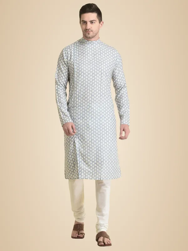 Grey_Cotton_Blue_Full_Sleeve_Regular_Fit_Printed_Kurta_Set_For_Men