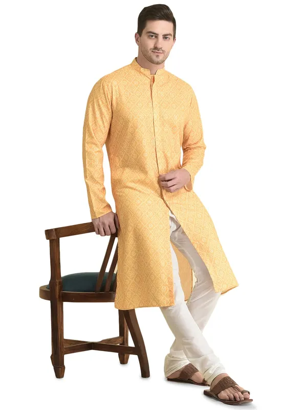 Yellow_Cotton_Full_Sleeve_Regular_Fit_Printed_Kurta_For_Men