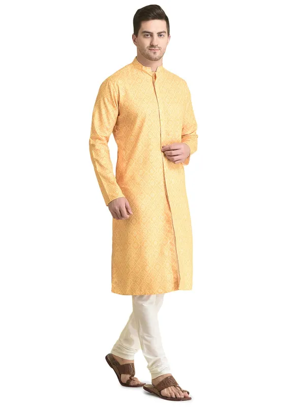Yellow_Cotton_Full_Sleeve_Regular_Fit_Printed_Kurta_For_Men
