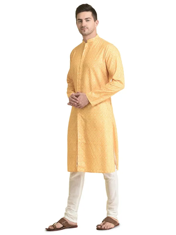 Yellow_Cotton_Full_Sleeve_Regular_Fit_Printed_Kurta_For_Men