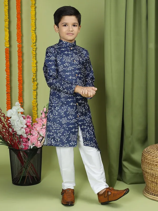 Blue_Cotton_Full_Sleeve_Regular_Fit_Printed_Blue_Kurta_Churidar_Set_For_Boy