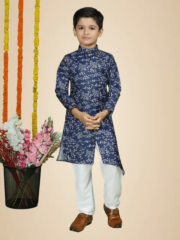 Blue_Cotton_Full_Sleeve_Regular_Fit_Printed_Blue_Kurta_Churidar_Set_For_Boy