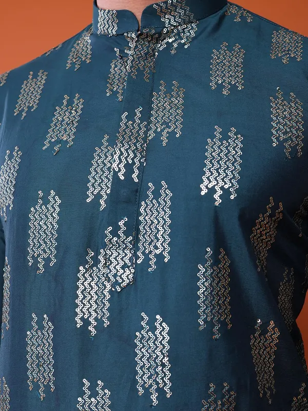 Green_&_Beige_Cotton_Embroidery_Full_Sleeves_Regular_Kurta_Set_For_Men
