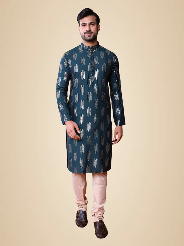 Green_&_Beige_Cotton_Embroidery_Full_Sleeves_Regular_Kurta_Set_For_Men