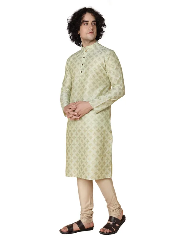 White_Cotton_Full_Sleeve_Regular_Printed_Kurta_Churidar_Set_For_Men