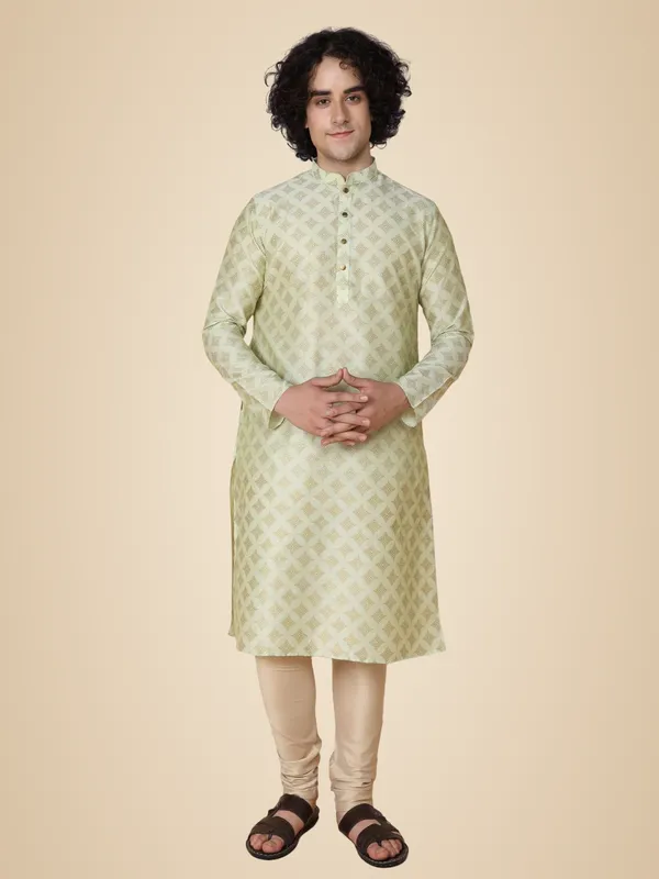 White_Cotton_Full_Sleeve_Regular_Printed_Kurta_Churidar_Set_For_Men