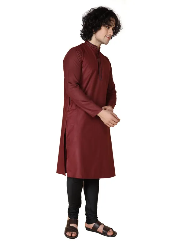 Maroon_Cotton_Full_Sleeve_Regular_Fit_Plain_Kurta_For_Men