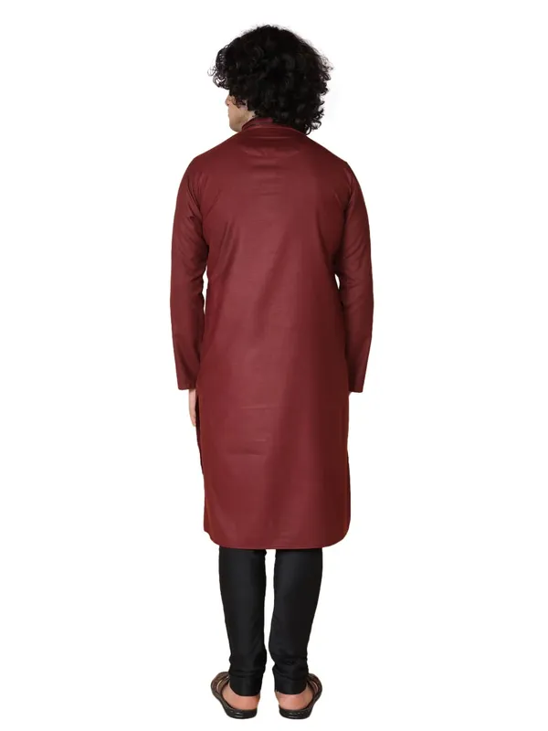 Maroon_Cotton_Full_Sleeve_Regular_Fit_Plain_Kurta_For_Men