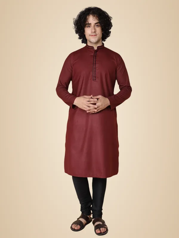 Maroon_Cotton_Full_Sleeve_Regular_Fit_Plain_Kurta_For_Men