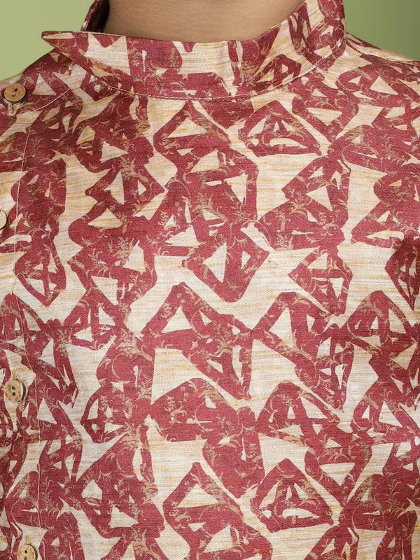 Red_Cotton_Full_Sleeve_Regular_Fit_Printed_Red_Kurta_Churidar_Set_For_Boy