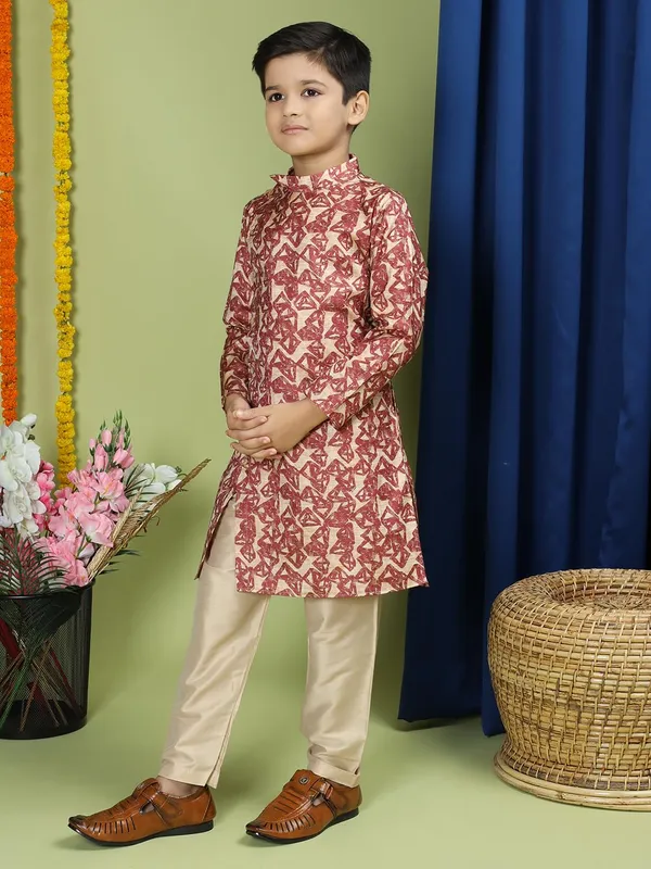 Red_Cotton_Full_Sleeve_Regular_Fit_Printed_Red_Kurta_Churidar_Set_For_Boy