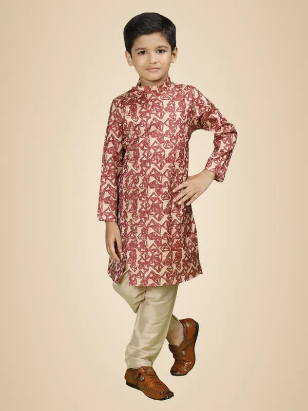 Red_Cotton_Full_Sleeve_Regular_Fit_Printed_Red_Kurta_Churidar_Set_For_Boy