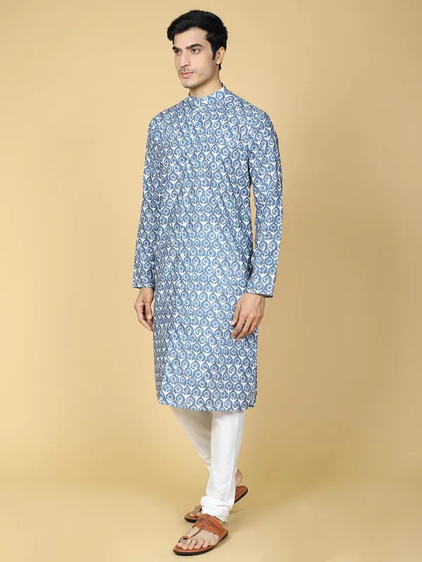 Blue_Cotton_Full_Sleeve_Regular_Fit_Printed_Kurta_For_Men
