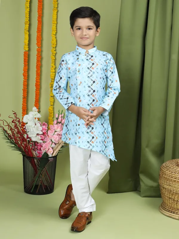 Blue_Cotton_Full_Sleeve_Regular_Fit_Printed_Blue_Kurta_Churidar_Set_For_Boy