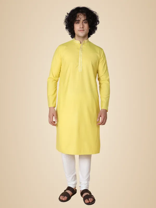 Yellow_Cotton_Full_Sleeve_Regular_Fit_Plain_Kurta_For_Men