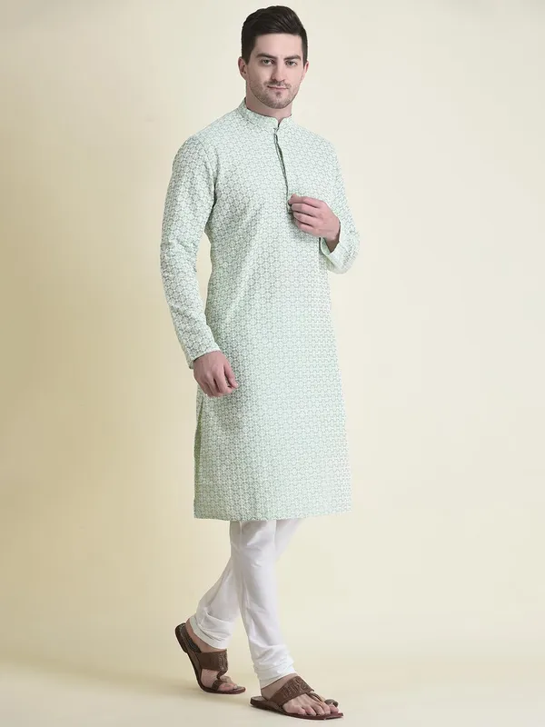 Green_Cotton_Full_Sleeve_Regular_Fit_Chikankari_Embroidery_Kurta_Set_For_Men