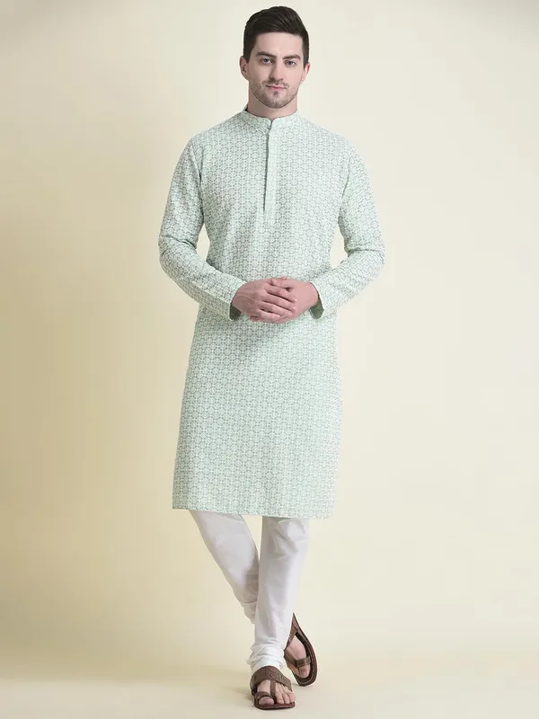 Green_Cotton_Full_Sleeve_Regular_Fit_Chikankari_Embroidery_Kurta_Set_For_Men