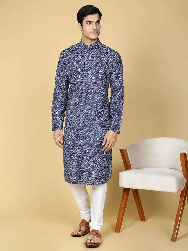 Blue_Cotton_Full_Sleeves_Regular_Printed_Kurta_Set_For_Men