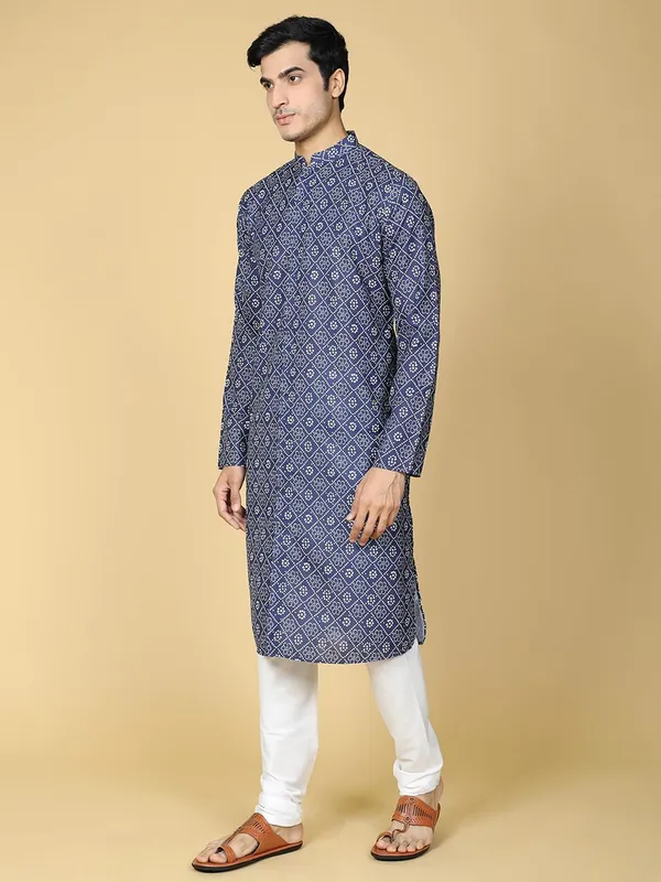 Blue_Cotton_Full_Sleeves_Regular_Printed_Kurta_Set_For_Men