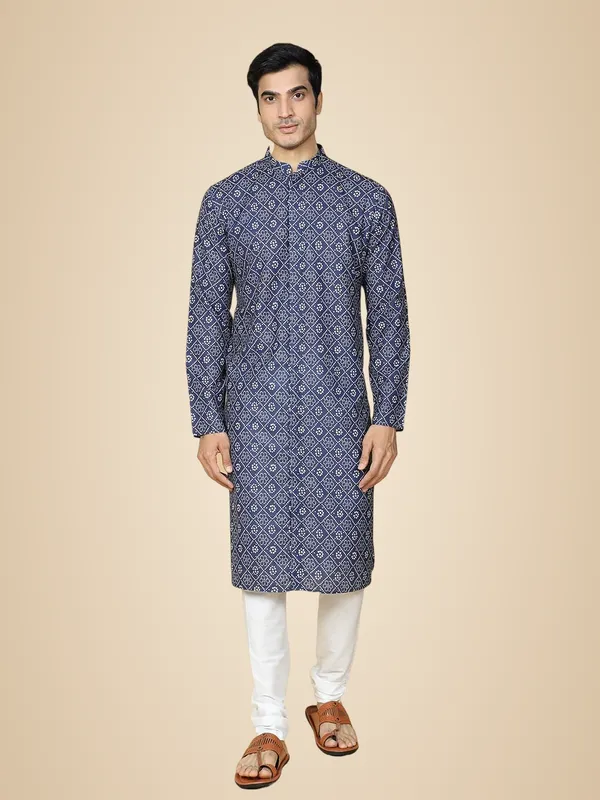 Blue_Cotton_Full_Sleeves_Regular_Printed_Kurta_Set_For_Men