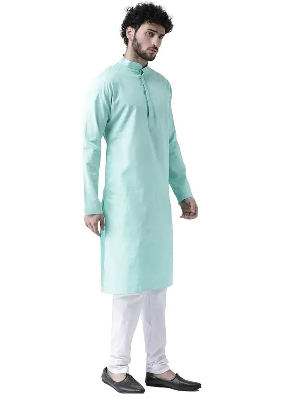Green_Cotton_Green_Full_Sleeves_Regular_Plain_Kurta_Churidar_Set_For_Men