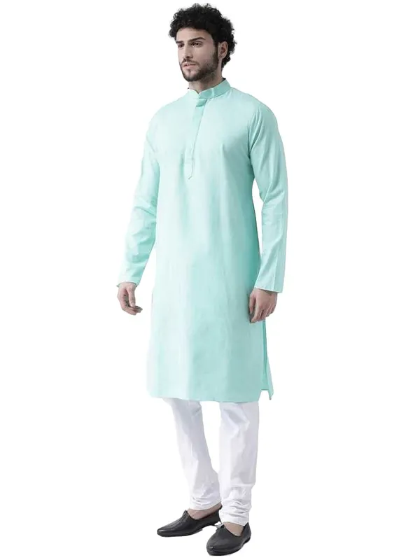 Green_Cotton_Green_Full_Sleeves_Regular_Plain_Kurta_Churidar_Set_For_Men