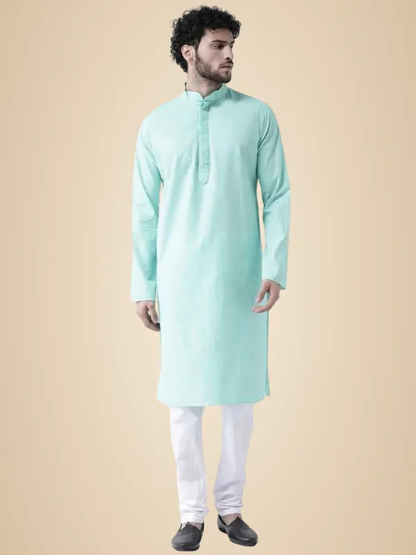 Green_Cotton_Green_Full_Sleeves_Regular_Plain_Kurta_Churidar_Set_For_Men