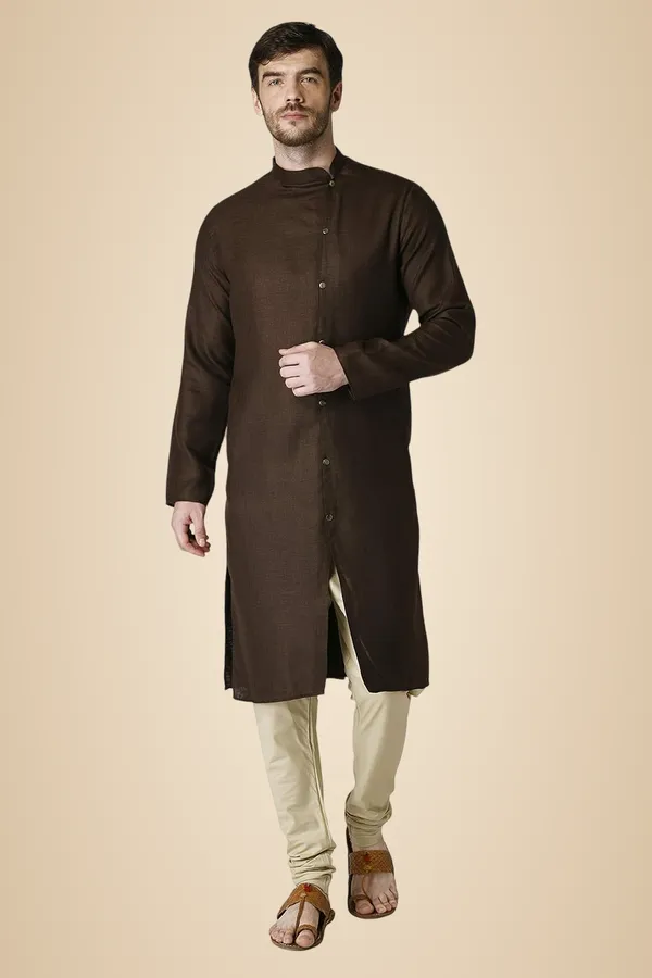 Coffee_Cotton_Full_Sleeve_Regular_Plain_Kurta_For_Men