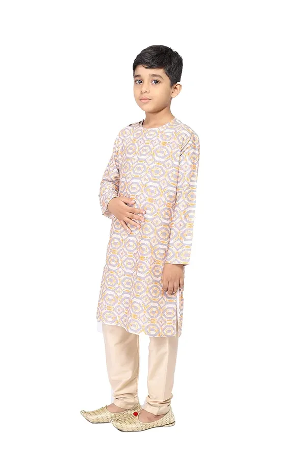 White_Cotton_Grey_Full_Sleeve_Regular_Fit_Printed_Kurta_Churidar_For_Kids