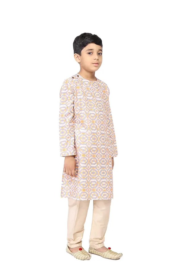 White_Cotton_Grey_Full_Sleeve_Regular_Fit_Printed_Kurta_Churidar_For_Kids