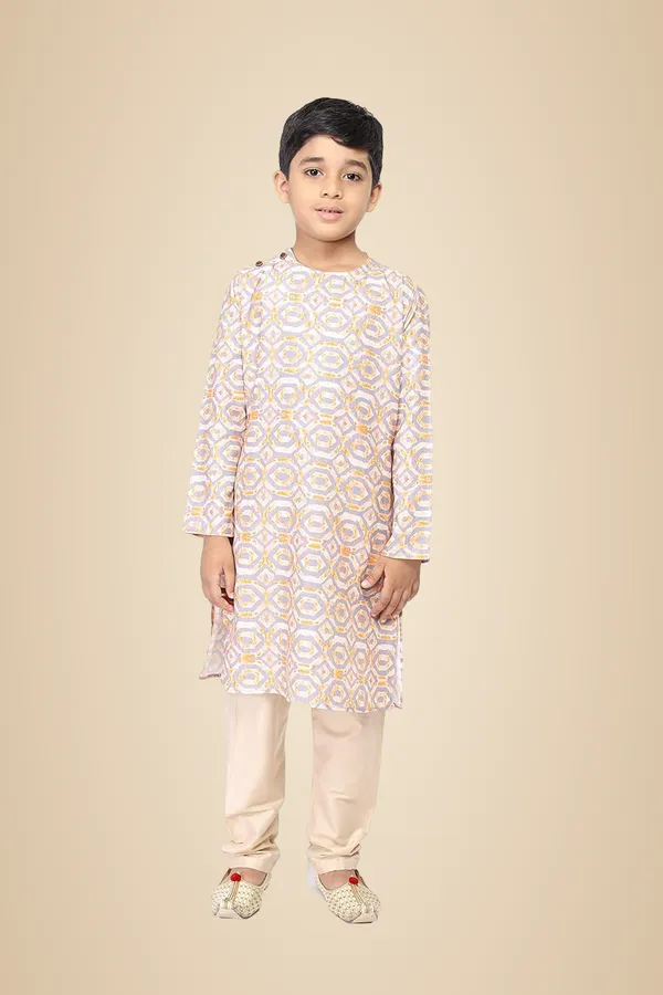 White_Cotton_Grey_Full_Sleeve_Regular_Fit_Printed_Kurta_Churidar_For_Kids