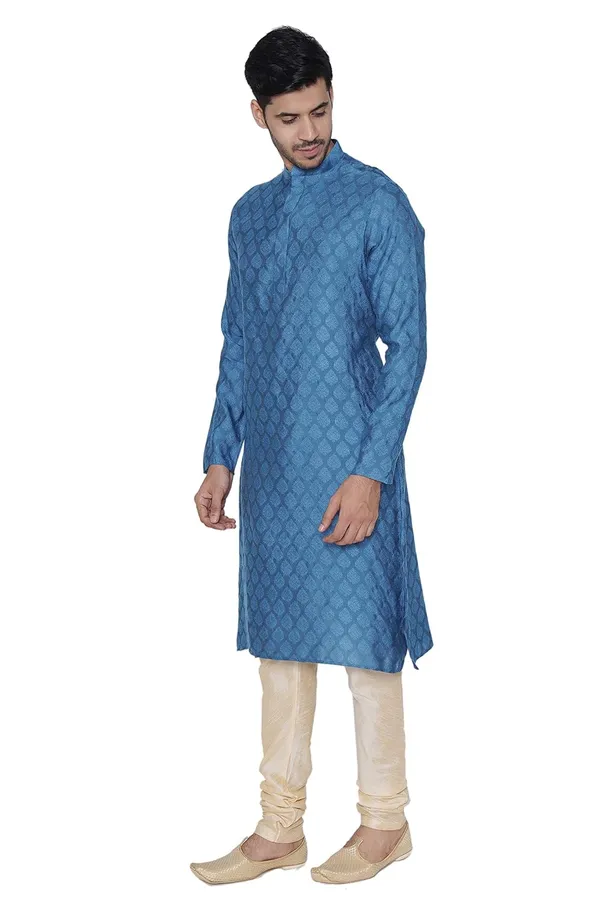 Blue_Jacquard_Full_Sleeve_Regular_Printed_Kurta_Set_For_Men