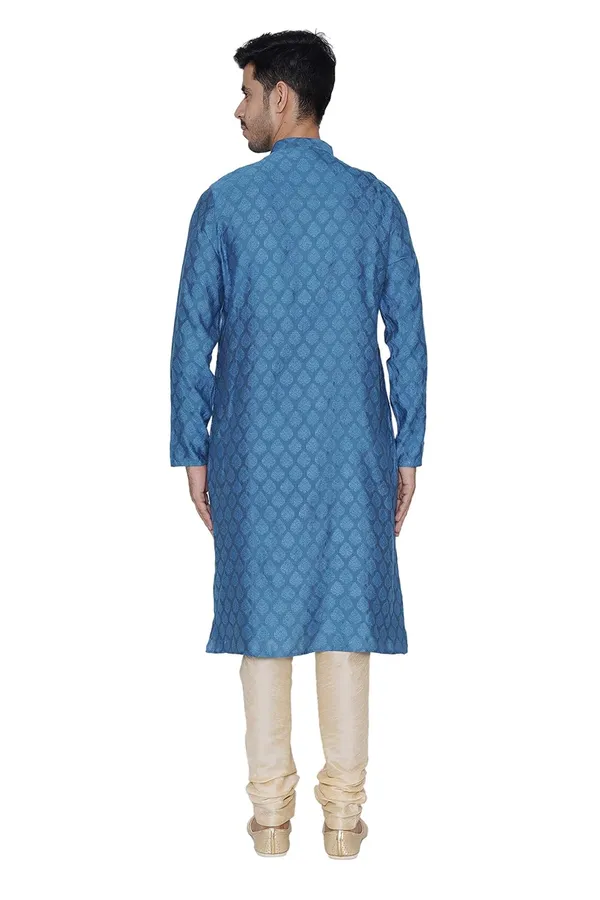 Blue_Jacquard_Full_Sleeve_Regular_Printed_Kurta_Set_For_Men