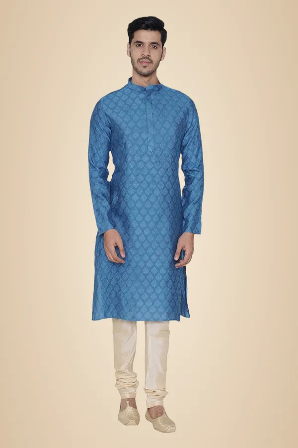 Blue_Jacquard_Full_Sleeve_Regular_Printed_Kurta_Set_For_Men