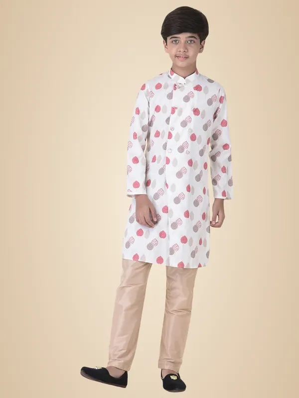 Cream_Cotton_Cream_Full_Sleeve_Regular_Fit_Printed_Kurta_Churidar_For_Kids