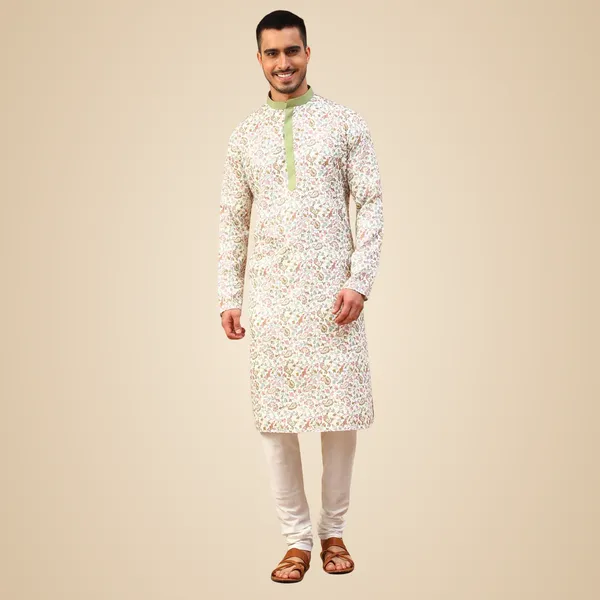 Beige_Cream_Cotton_Full_Sleeve_Regular_Fit_Printed_Kurta_For_Men